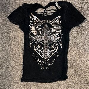 Affliction Black and Silver Winged Cross Tee